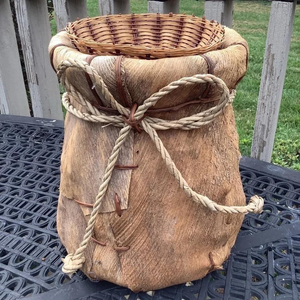 Vintage Leather Woven Coconut Palm Fronds  Boho Planter Basket